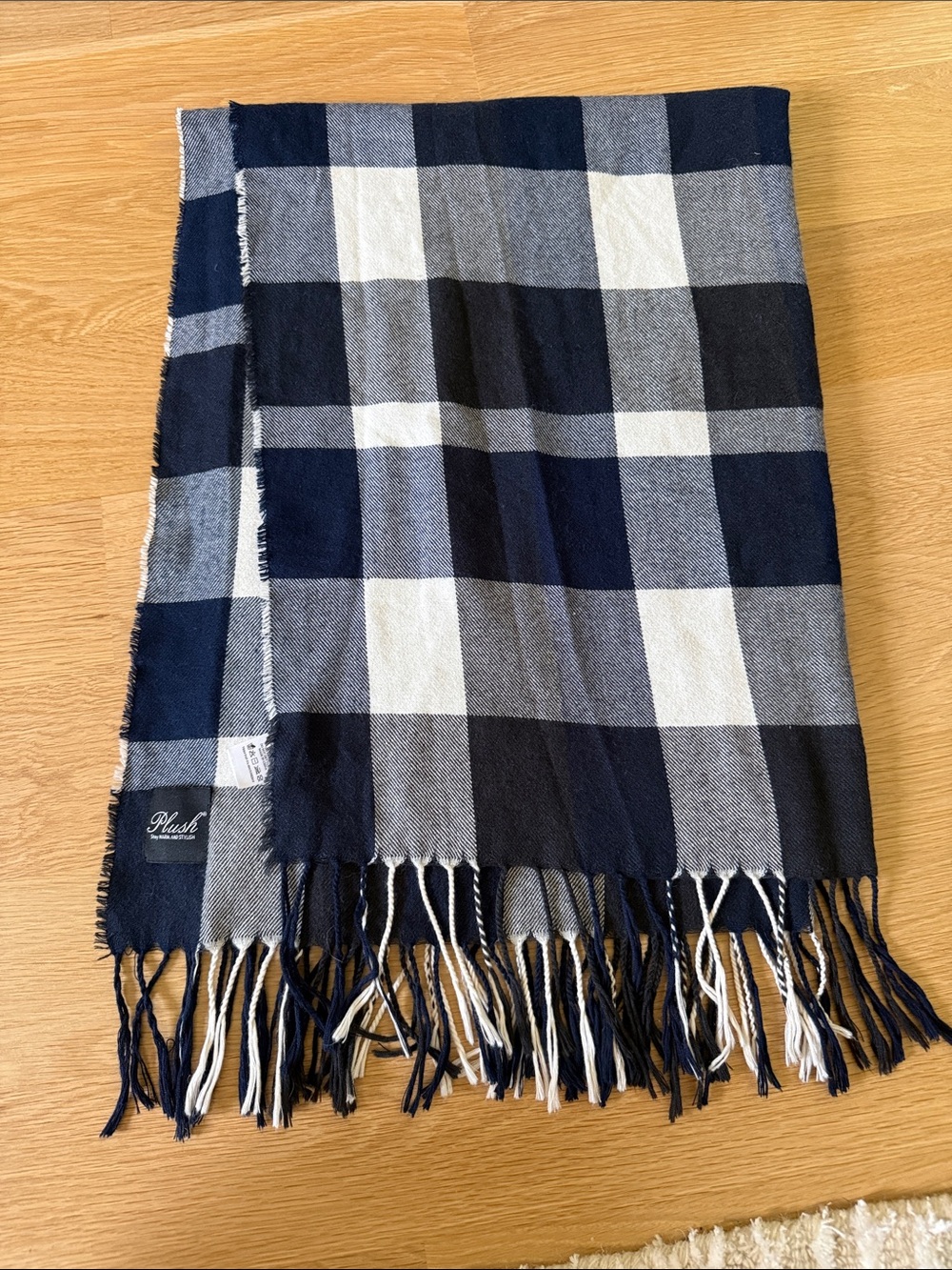 Plush Navy & White Checkered Fringe Scarf Wrap